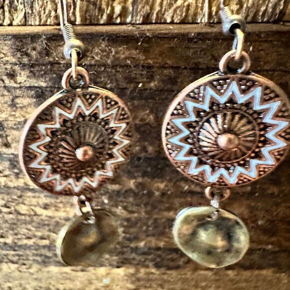 Boho Hippie Western Delicate Copper Sunshine Drop Wire Earrings, Gift Box - Picture 3 of 7